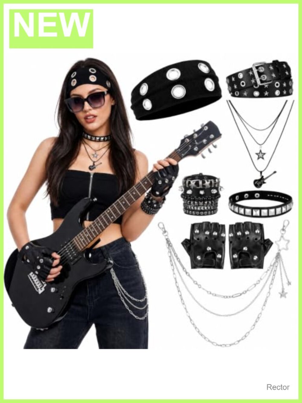 Punk Rock Accessory Set 7Pc - Headband Gloves Collar Necklace Bracelets Chain